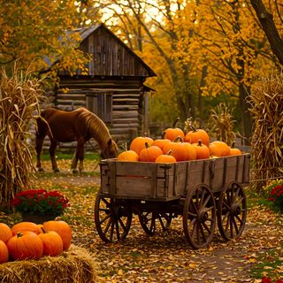 an old wagon filled with pumpkins and hay in front of a horse drawn carriage Halloween Farm Beautiful Thanksgiving, Aesthetic Fall Vibes, Autumn Splendor, Fall Farm, saddle brown