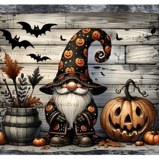 a halloween scene with pumpkins, jack - o'- lanterns and a gnome Halloween Gnome Desktop Latest Graphic Design Trends, Tactile Art, Faux Leaf, Halloween Wall Decor, dim gray