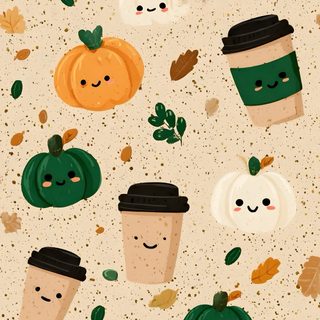 coffee cups with faces and pumpkins are on a beige background that is filled with leaves Cute Fall Backgrounds For Iphone Halloween wheat