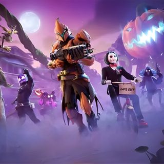 an image of a group of people in the middle of a foggy area with pumpkins Halloween Fortnite Fortnitemares 4k, Fortnitemares Background, All Fortnite Season, dark slate blue