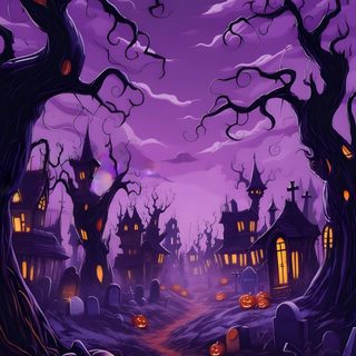 a halloween scene with pumpkins on the ground in front of trees and houses at night Halloween Canva Background Halloween, Halloween Backgrounds, Halloween Cute, Halloween Moon, indigo