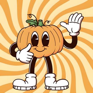 a cartoon pumpkin with arms and legs in front of an orange swirl background, giving the thumbs up sign Silly Halloween navajo white
