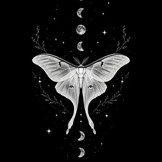 a white butterfly sitting on top of a black background with stars and crescents around it Halloween Moth Amoled, Midnight Rose, Minimalist Phone, Luna Moth, Black And White, Minimalist,