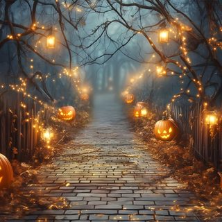 halloween pumpkins are lit up on the path in front of trees and fence with lights Halloween Pumpkin Path Halloween Path Background, Halloween Background Facebook, Halloween Teams Backgrounds, dark olive green