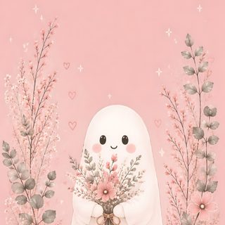 a painting of a ghost with flowers and pumpkins on it's chest, in front of a pink background Cute Pink Halloween Iphone light pink