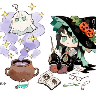 a drawing of a witch with a caulder Halloween Muichiro Muichiro Halloween Art, Chibi Tokito Halloween, Muichiro Halloween Pfp, white