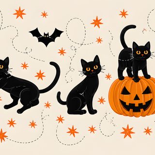 four black cats sitting on pumpkins with bats and stars around them, all looking at the same direction Generic Halloween Cat Desktop antique white
