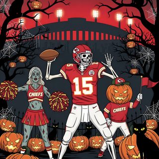 two football players are surrounded by pumpkins and jack - o'- lanterns Chiefs Halloween Design, Chiefs Football Background, Halloween, Patrick Mahomes Halloween, dark slate gray