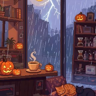 a living room filled with furniture and lots of halloween pumpkins on the windowsill Aesthetic Halloween Lofi dark slate gray