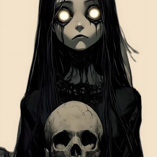 a girl with long hair holding a skull in her hands and glowing eyes on the forehead Halloween Scary Cute Girl Nghệ Thuật Kinh Dị, Ideen Fürs Zeichnen, Gothic Fantasy Art, dark slate gray