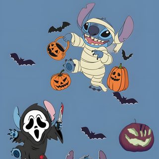 cartoon characters with pumpkins and bats on a blue background Stitch Halloween Costume Stitch Halloween Costume, Halloween, cadet blue