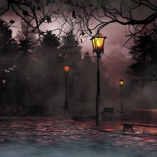 a park bench sitting next to a lamp post on a foggy night in the woods Halloween Live Pc Creepy Forest Ambience, Horror Background Dark, Spooky Forest Ambience, dark slate gray