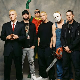 a group of men standing next to each other in front of a gray background holding chainsaws Eminem Halloween Eminem, Big Boys, Rap, dark olive green
