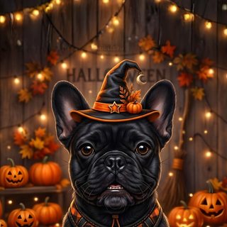 a black dog wearing a witches hat with pumpkins around it and lights in the background Halloween French Bulldog dark slate gray
