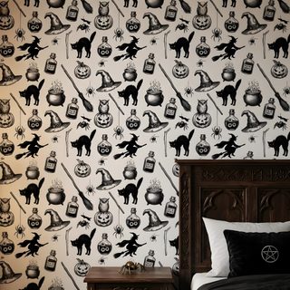 a bed room with a neatly made bed and wall paper Halloween Witch For Bedroom Halloween Wall Decor, Chic Interior, Gothic Halloween, rosy brown