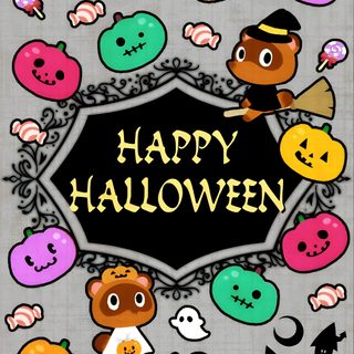 a halloween card with an image of pumpkins and ghost faces on the front cover Acnh Halloween Acnh Fall, Animal Crossing Fall Background, Nintendo Halloween, rosy brown