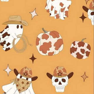 a cow with a cowboy hat and stars on it Cowboy Ghost Halloween Halloween Country, Country Halloween, Fall Cow Print, sandy brown