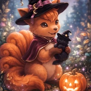 a painting of a cat dressed as a witch holding a black cat in its paws Halloween Forest Animals dark olive green