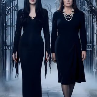 two women in black dresses are walking down the street with their hands on each other's hips Halloween Addams Family Addams Family Morticia Sister, Morticia Addams Costume, Addams Family Morticia, dark slate gray