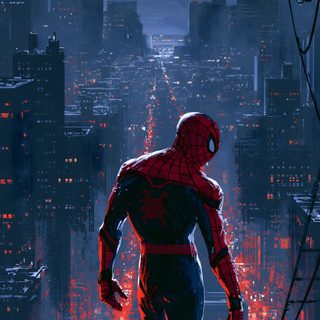 a spider man standing on top of a roof in front of a city at night Halloween Spiderman dark slate gray