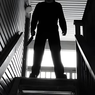 a man standing on the stairs with a knife in his hand Halloween 1978 4k Michael Myers Memes, Michael Myers Art, Michael Meyer, Horror Photos, Halloween Film, black