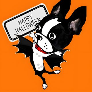 a black and white dog holding a happy halloween sign Halloween Boston Terrier Boston Terrier Halloween Drawing, Halloween Boston Terrier, Boston Terrier Halloween Background, dark orange