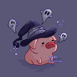 a pig wearing a witches hat with skulls around it Halloween Pig Bat Pig Meme, Cauldron Meme, Pig Art, dim gray