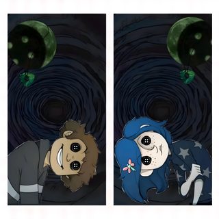 two pictures of people with different expressions in the same picture, one is looking at another Matching Halloween For 2 Matching Coraline, Coraline And Wybie Matching, Coraline Bookmarks, dark slate gray