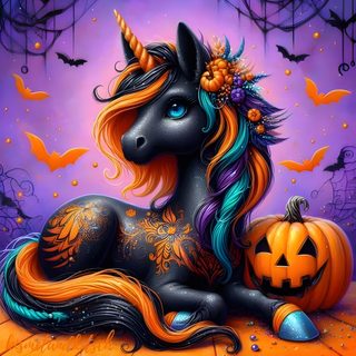 a painting of a unicorn laying on the ground next to a jack - o'- lantern Halloween Unicorn Unicorn Halloween Background, Halloween Unicorn, Pony Halloween, dim gray