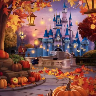 a painting of a castle surrounded by fall leaves and pumpkins in front of it Disneyland Halloween Disney Autumn Background, Disney Fall Iphone, Fall Disney Background, saddle brown