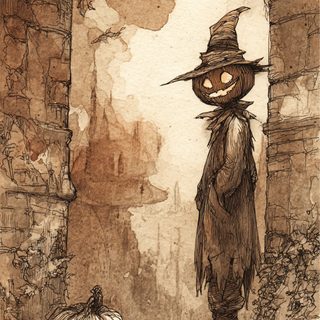 a drawing of a scare with a hat and pumpkins Halloween Comic Vintage Halloween Iphone, Vintage Halloween Aesthetic, Vintage Halloween Backgrounds, peru