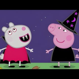 peppa pig and her friend are dressed up as witches in the night sky with pumpkins Peppa Pig Halloween Peppa Halloween Episode, Peppa Pig Halloween Party, Peppa Pig Autumn, dark slate blue