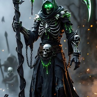 a skeleton with green glowing eyes holding a sceptacle in front of a dark background Grim Reaper Halloween Grand Reaper, Green Reaper Tattoo, Grim Reaper Phone, Green Grim Reaper, dark slate gray