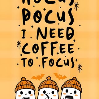 three snowmen wearing hats and holding coffee mugs with the words hoccus pocus i need coffee to focus Cute Halloween Coffee sandy brown