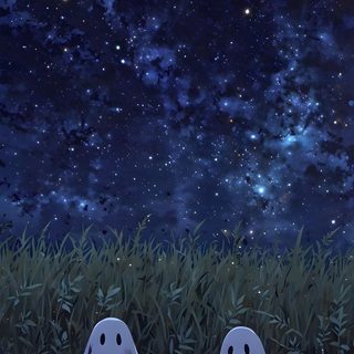 two ghost heads sitting in the grass under a night sky filled with stars and clouds Aesthetic Cute Halloween Blue Matching Halloween, Ghost Iphone, Ghost Phone Aesthetic, Spooky,