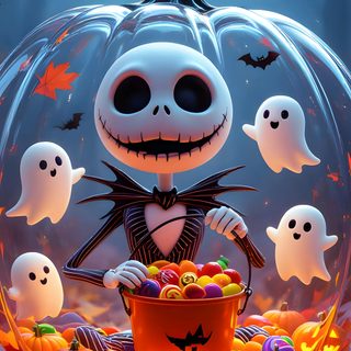 the jack - o'- lantern pumpkin is surrounded by ghosty faces and bats Happy Halloween Jack Skellington Cute Halloween Pictures, Nightmare Before Christmas Pictures, Yoda Halloween, dim gray