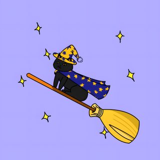 a man riding on top of a broom flying through the air with stars in the background Halloween Purple Cats Custom Happy Halloween Gatos, Purple Cartoon Cats, Purple Cats Cartoon, light steel blue