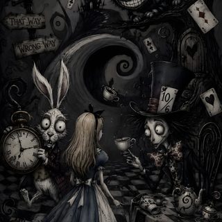 alice and the rabbit in wonderland with their clock faces on it's face, surrounded by other characters Halloween Iphone Tim Burton Tim Buton, Wonderland Horror, Cool Creepy Art, Tim Burton Vibe, black