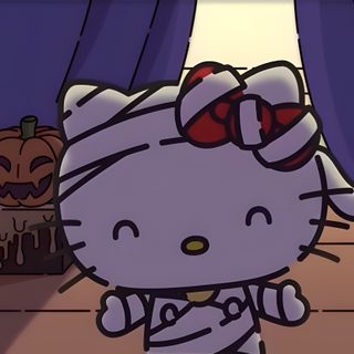 an animated hello kitty standing in front of a halloween scene with pumpkins on the floor Hello Kitty Halloween Chromebook Hello Kitty Halloween Ipad, Fall Hello Kitty Laptop, Halloween Hello Kitty Laptop, dark slate gray