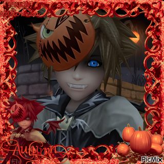 an animated image of a boy with blue eyes and a scary pumpkin on his head Halloween Town Sora saddle brown