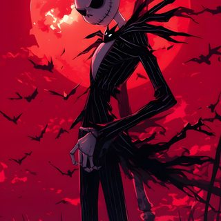 a skeleton with long hair standing in front of a full moon and bats on the ground Cute Halloween Jack Skellington Jack Skellington Fanart, Manga Halloween, Jack Nightmare Before Christmas, dark red