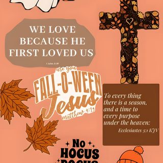 a cross, pumpkins and ghost with the words we love because he first loved us Cute Christian Halloween 1 John 5 19, Christian Halloween, Christian Iphone, John 5, dark salmon