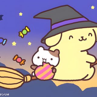 a cartoon character holding a cat in front of a purple sky with bats and stars Pom Pom Purin Halloween Pompompurin Halloween Background, Pompompurin Autumn, Pompompurin Cowboy, slate blue