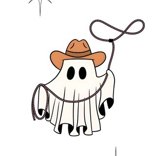 a drawing of an animal wearing a cowboy hat and holding a lasso in its hand Cowboy Ghost Halloween Preppy Ghost, Bmo Cowboy Hat, Halloween Cowboy Decor, Skeleton Cowboy, white
