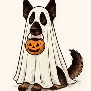 a dog wearing a ghost costume with a pumpkin in its mouth Halloween Dog Ghost Cute Halloween Photos, German Shepherd Pumpkin Painting, Cute Fall Art, linen
