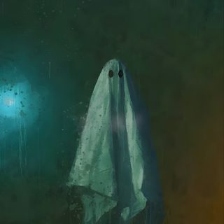 a ghost is standing in the dark with its eyes open and it's head turned to the side Halloween - Ghost Mood - Aqua Night Terror Painting, Horror Landscape Painting, Dark Art, dark slate gray