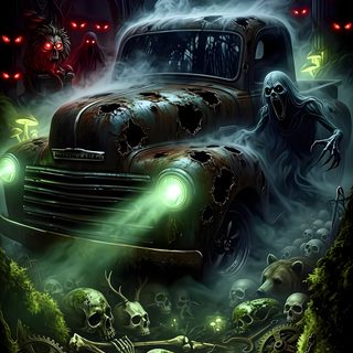 an old truck with skeletons on it in the woods at night, surrounded by skulls and glowing eyes Halloween Car black