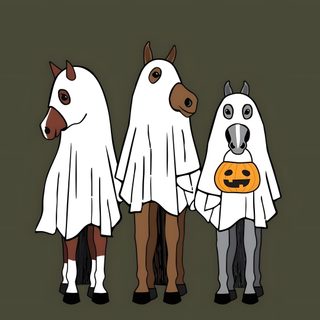 three horses wearing ghost costumes holding hands with a jack - o'- lantern pumpkin Cute Halloween Horse Window Art Diy, Horse Background, Horse Tattoo Design, dark slate gray