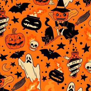 an orange halloween background with black and white pumpkins, jack - o'- lanterns, ghost heads and stars Retro Halloween Orange Halloween Vintage Iphone, Doodles, Digital Drawing, Halloween Pattern,