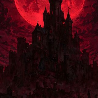 a castle with a red moon in the background Red Halloween Crimson Moon Fate, Blood Red Iphone, Red Aesthetics, Strahd, Castlevania Iphone, black
